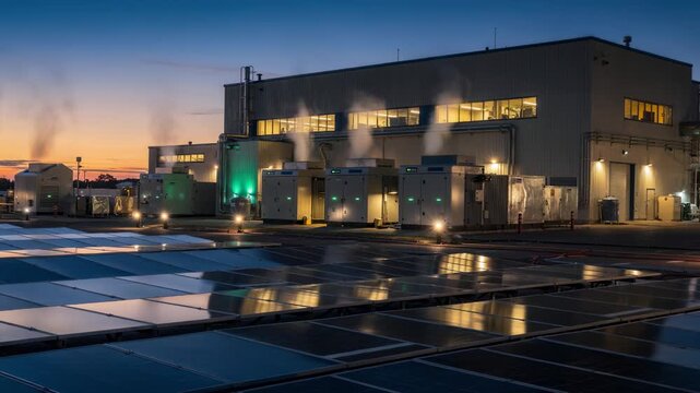Evening lights medium shot of an integrated mill microgrid featuring illuminated solar panels and biomass generators emphasizing clean energy powering the newsprint facility at
