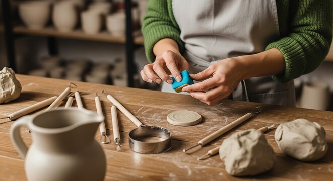 Artisan crafting ceramic pitcher with sponge in pottery studio shaping clay on table with tools for sculpting and smoothing in creative workshop