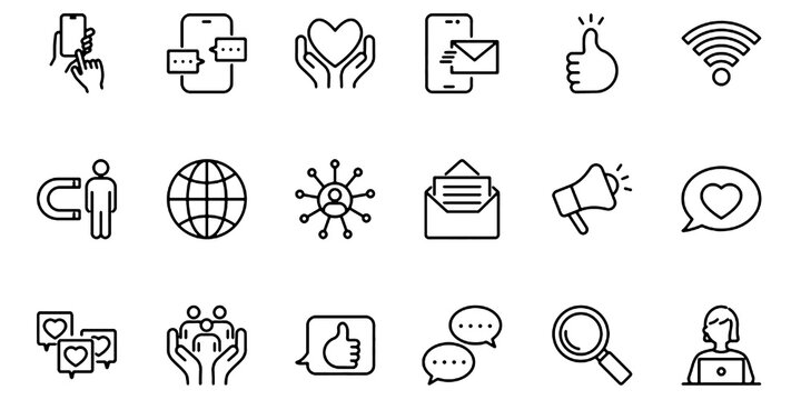 Social Media and SNS Line Icon Set, Digital Communication, Networking and Online Platform Concepts, Editable Vector Illustration Isolated on White Background