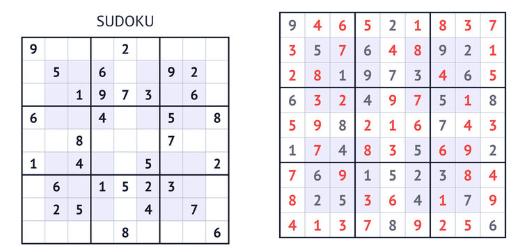 Sudoku puzzle grid with solutions highlighted in red  