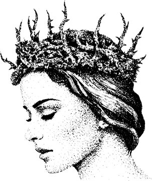 Woman wearing thorn crown in profile on white background