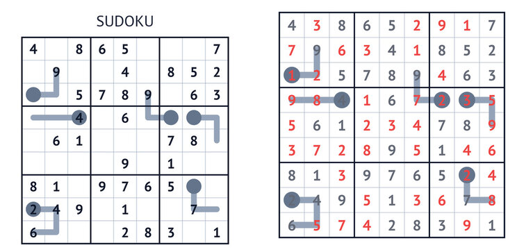 Sudoku puzzle grid with numbers and hints in a modern design  
