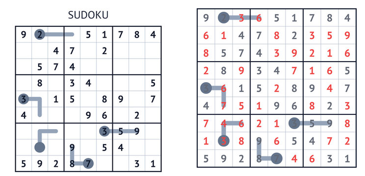 Sudoku puzzle with numbers and hints in black and red colors  