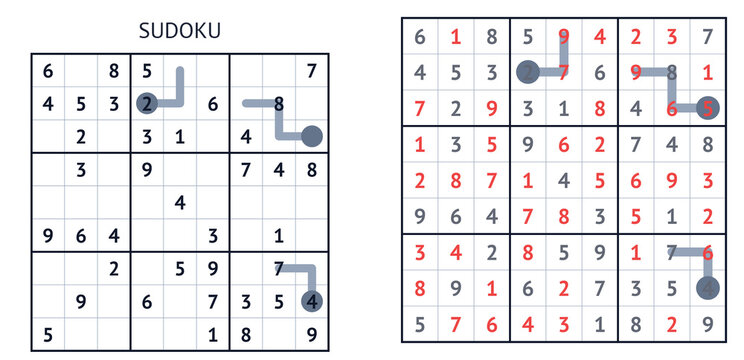 Sudoku puzzle with numbers and highlighted solutions on grid  