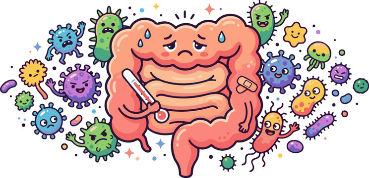Sad Intestine Cartoon Surrounded By Harmful Microbes
