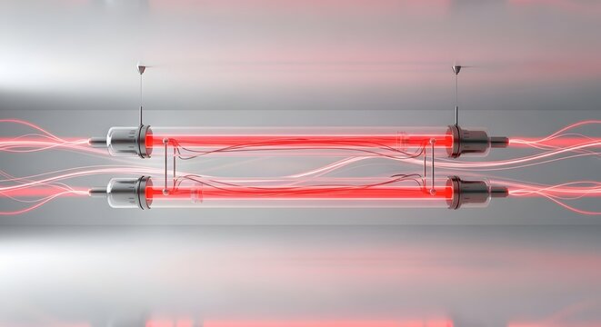 Horizontal laboratory laser tubes emitting intense light beams. Scientific quantum physics experiment and advanced optics engineering. Red energy rays reflecting cleanly on white polished surfaces