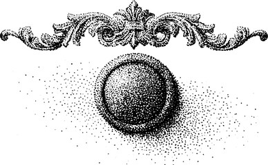 Ornate round medallion set beneath decorative flourish header
