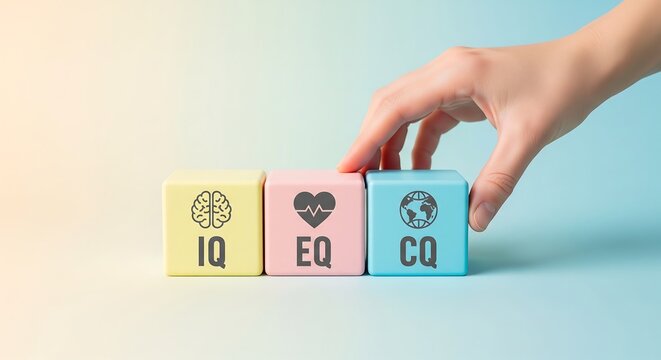 Three blocks labeled IQ, EQ, and CQ, representing intelligence, emotional quotient, and cultural quotient, with icons.