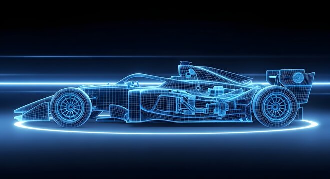 Futuristic racing car presented as a blue wireframe model. Concepts of automotive engineering and vehicle design. Digital holographic blueprint of sports car on glowing platform