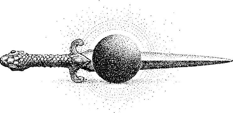 Dagger piercing orb resting on white paper stipple background