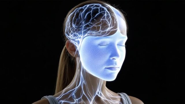 Neural Pathways: A luminous depiction of a young person's brain and nervous system, glowing with electric blue light against a dark background, symbolizing thought and cognition.