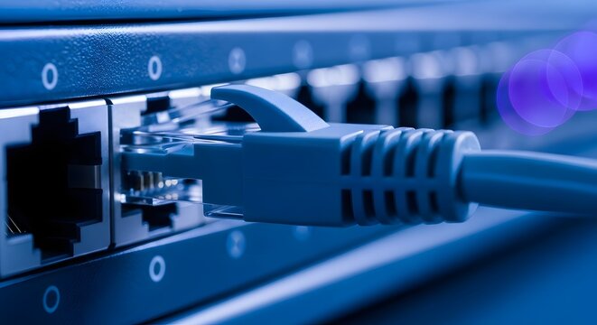 Blue ethernet network cable plugged into a switch port router. Concepts of fast internet connection and high speed data center network. Wired lan connection working in datacenter