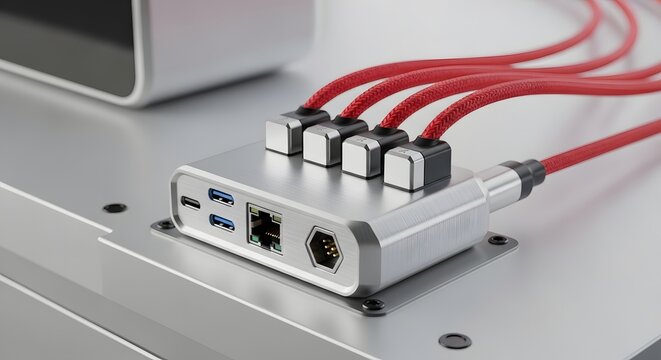 Modern metallic multi port usb hub on a metal surface. Concepts of hardware connectivity and universal serial bus expansion. Red data transfer cables plugged into adapter device