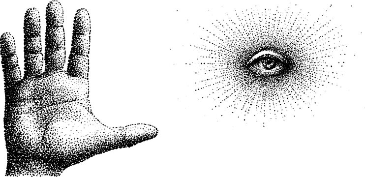 Raised palm hand beside radiating eye on white background