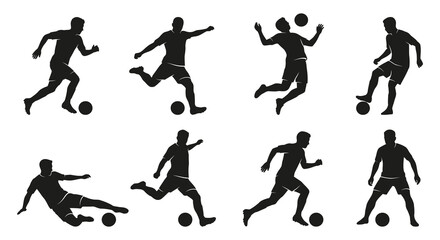 Soccer (football) player silhouettes showing versatile game moves including dribbling running and striking with football silhouette goalkeeper shooting training competitive © Bijori