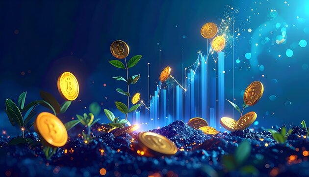 Golden coins sprouting from soil, amidst a rising graph and bokeh lights, symbolizing investment and growth