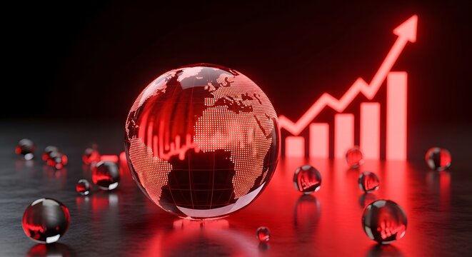 Glowing red glass globe with rising stock market arrow. Concepts of global inflation and financial crisis. Economic chart showing upward trend behind a transparent planet earth