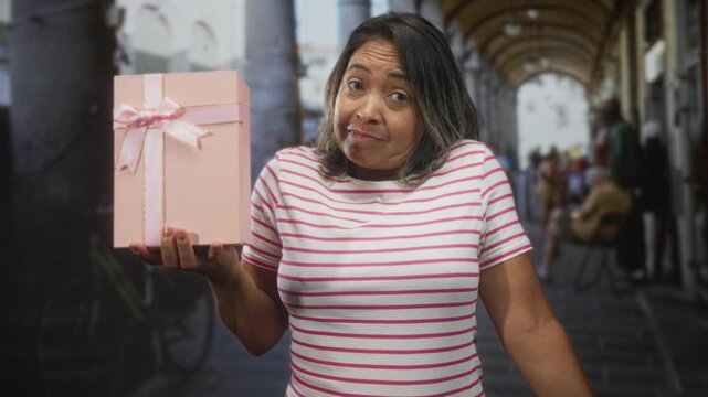 Middleaged woman holds pink gift box in one hand while shrugging shoulders in street arcade with arched walkway; uncertainty hesitation.