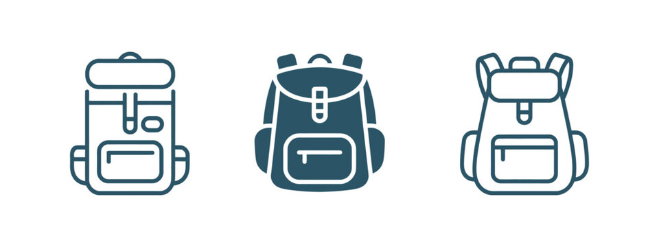 School backpack rucksack icon set for travel and education in outline solid and hand-drawn vector styles for modern design use