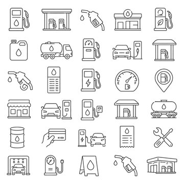 Fuel station icons: gas pumps, charging stations, fuel truck, maintenance.