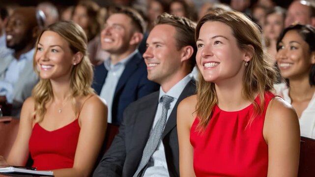 Engaged Audience: A group of diverse individuals watches an event with smiles, leaning forward in attentive anticipation, showcasing interest and engagement.