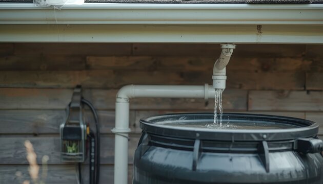 雨水を集めるための黒い樽と配管システム