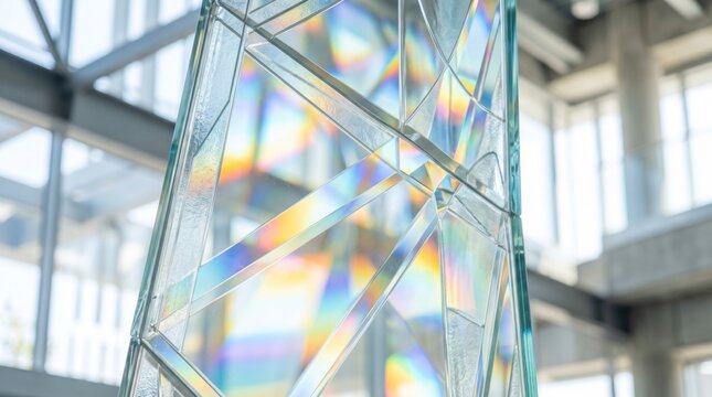 近代的なガラスアート作品と虹色の光の反射