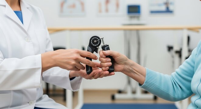 A physical therapist demonstrates how to use a hand dynamometer to an elderly patient in a clinic setting.