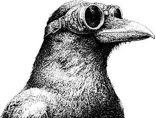 Obraz premium Raven wearing steampunk goggles in plain white background