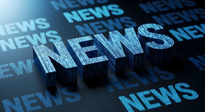 Three-dimensional volumetric news text on digital screen. Media publication and breaking information broadcast. Glowing binary code textured letters standing over a dark reflective surface