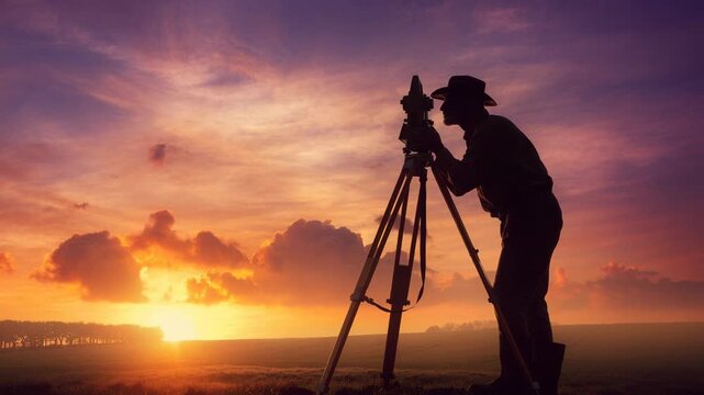 Surveyor using theodolite at sunset on vast open field for land measurement and outdoor work