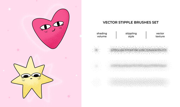 Editable Vector Stippling Brush Set, Hand-Drawn Grain Texture Effect, Noise Stipple Shading, Dotwork Dithering, Halftone Style Vector Brushes