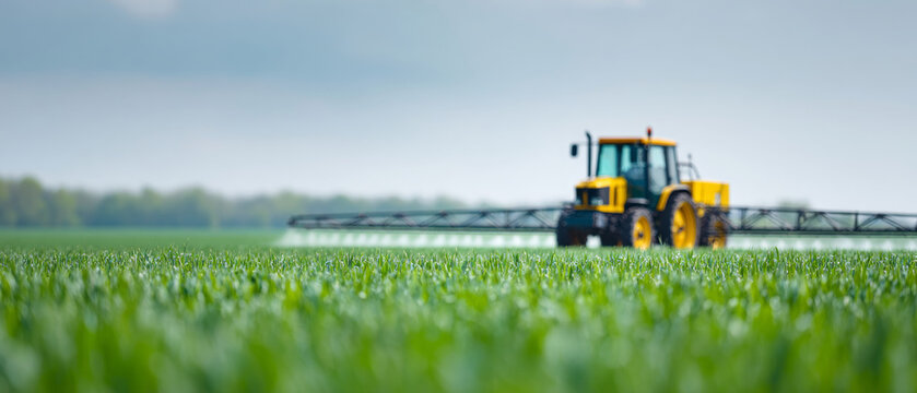 Yellow tractor spraying crops in field