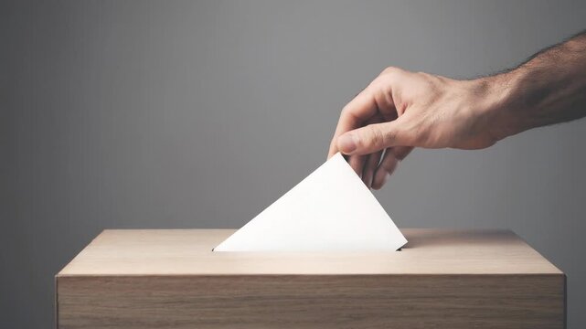Hand placing blank white ballot paper into wooden voting box symbolizing voting and democracy