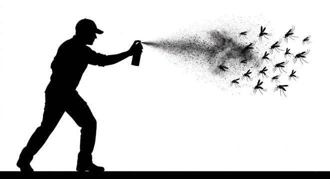 Hand spraying insecticide on cockroach silhouette vector illustration