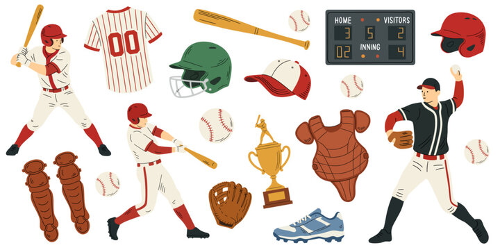 Baseball elements in cartoon doodle style. Collection of baseball equipment, characters, player, glove, ball, helmet, sport uniform. Baseball stickers