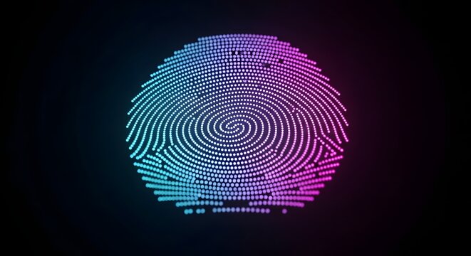 Digital identification and biometric security access. User verification and secure data encryption systems. Abstract spiral dot matrix fingerprint illustration over black background