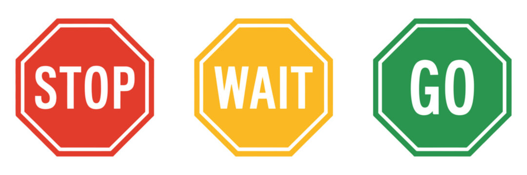 Stop wait and go sign icons showcasing directional traffic control symbols for driving guidance, warning systems, and road signage applications. Vector illustration.