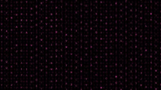 Background composed of moving abstract alphanumeric characters in shades of dark purple against a black backdrop.