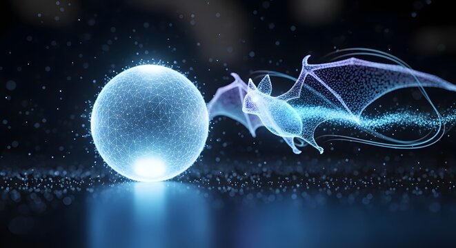 Digital animal anatomy and abstract sonar echolocation simulation. Biotechnology and wireless data tracking. Glowing wireframe bat flying toward a particle network sphere backdrop