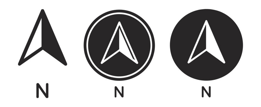North direction icon set, compass navigation symbols, north arrow indicators, map and location signs, downward arrow icons, modern vector illustration for digital interface design.