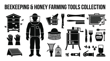 Beekeeper wearing protective gear stands beside various beekeeping tools and honey farming equipment. © Afif