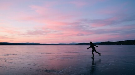Fototapeta premium Skater Gliding on Frozen Lake at Sunset with Colorful Sky Background