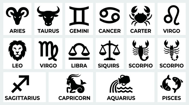 Zodiac signs calendar with twelve astrology symbols displayed on a grid background