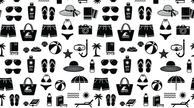 Beach vacation icons showcase various summer items on a sunny day.