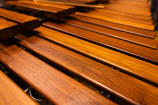 Close up of classic wooden marimba bars in orchestra