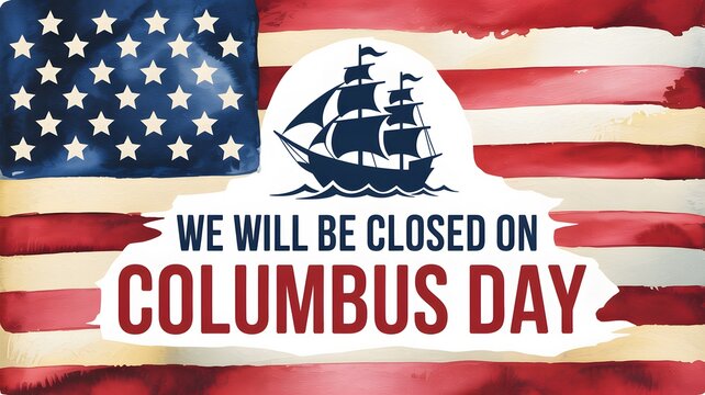 We will be closed on columbus day sign with sailing ship and american flag columbus business