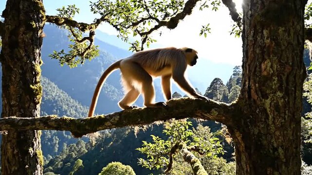 Golden langur monkey gracefully walks along a sun-dappled tree branch amidst a lush forest mountain landscape.