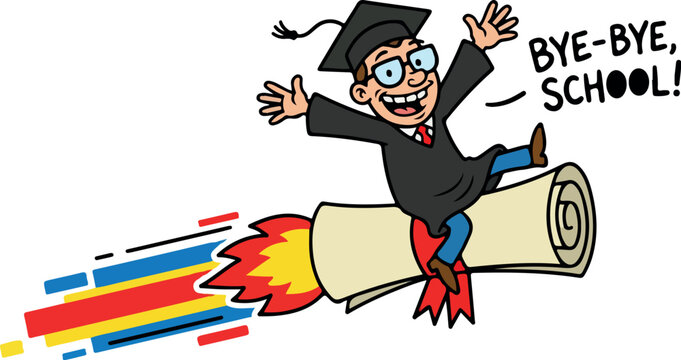 Happy Graduate Flying on Diploma Rocket
