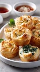 Fototapeta premium Savory puff pastry bites with spinach and cheese for party appetizer platter and menu background, stacked golden hors d'oeuvres for catering and brunch service